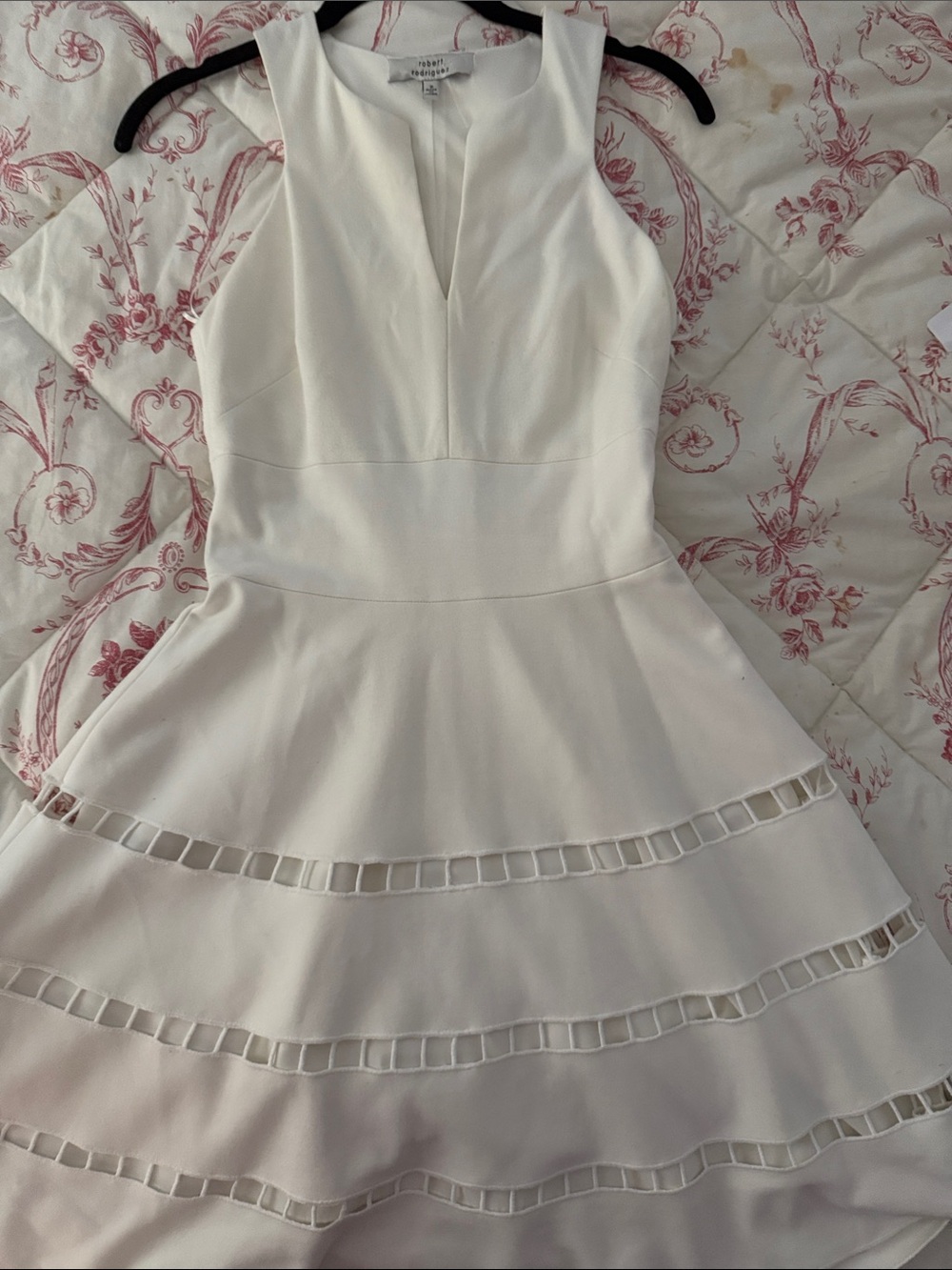 Robert Rodriguez Ivory Sleeveless Fit-and-Flare Mini Dress with Ladder Trim